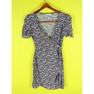 Stradivarius Womens S Floral Short Sleeve Mini Dress Boho Faux Wrap V-Neck Rayon